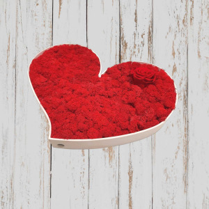 Moosbild in Herzform mit drei Rosen